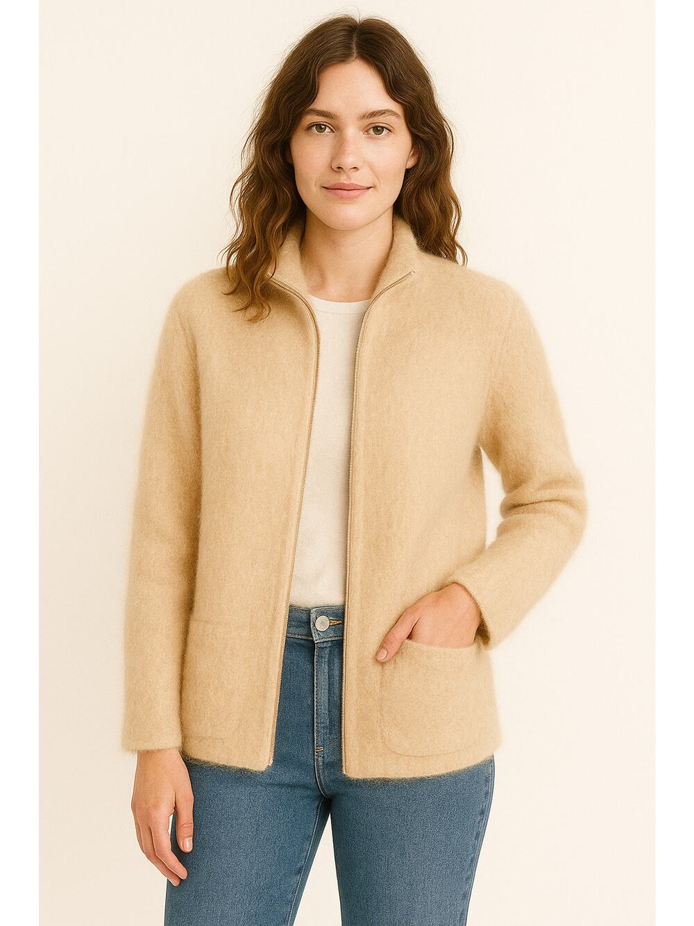 J.Crew Point Sur Womens Tan Fuzzy Full-Zip Cardigan Sweater Size M